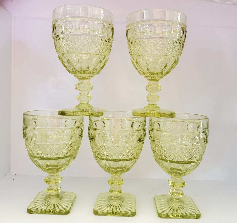 Imperial Glass Tradition Pattern Topaz Yellow Water Goblets 5 1/2" Set Of 5